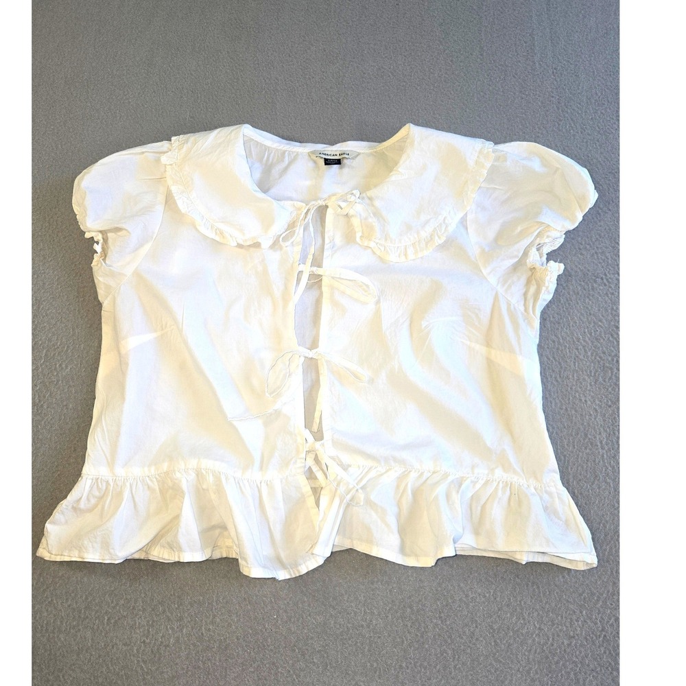 American Eagle Tie-Front Top Women Small White Peter Pan Collar Ruffle Puff Slev
